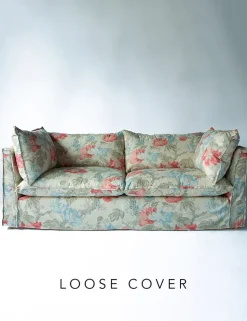 Coco 3 seater sofa cover with Self Piped Knife Edge cushion in Andrew Martin Peony Sea Coral - Hand Made in USA