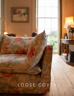 Coco 3 seater sofa cover with Self Piped Knife Edge cushion in Andrew Martin Peony Summer Sky - Hand Made in USA