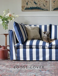 Coco 2.5 seater sofa cover with Self Piped Knife Edge cushion in Stripes Sea Holly - Hand Made in USA