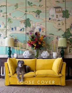 Coco 2.5 seater sofa cover with Contrast Welt Knife Edge cushion in Designers Guild Brera Lino Ochre - Hand Made in USA