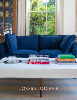 Coco 2.5 seater sofa cover with Self Piped Box Edge cushion in Designers Guild Brera Lino Indigo - Hand Made in USA
