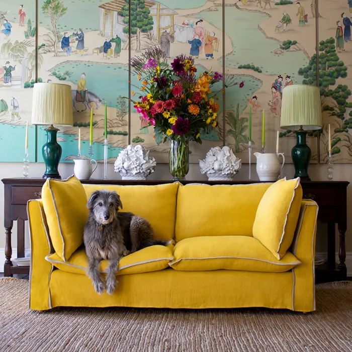 Coco 2.5 seater sofa with Contrast Welt Knife Edge cushion in Designers Guild Brera Lino Ochre - Hand Made in USA