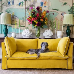 Coco 2.5 seater sofa with Contrast Welt Knife Edge cushion in Designers Guild Brera Lino Ochre - Hand Made in USA