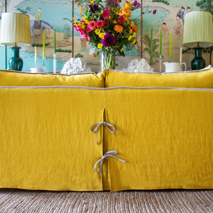 Coco 2.5 seater sofa with Contrast Welt Knife Edge cushion in Designers Guild Brera Lino Ochre - Hand Made in USA