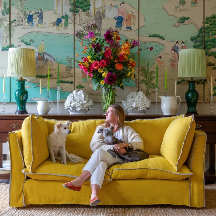 Coco 2.5 seater sofa with Contrast Welt Knife Edge cushion in Designers Guild Brera Lino Ochre - Hand Made in USA