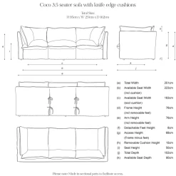 Coco 3.5 seater sofa with Self Piped Knife Edge cushion in Cotton Linen Cool Coconut - Hand Made in USA