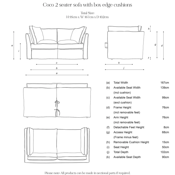 Coco 2 seater sofa with Self Piped Box Edge cushion in Customers Own Material (excl. Fabric) - Hand Made in USA