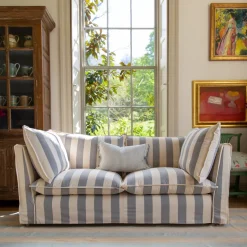 Coco 2.5 seater sofa with Self Piped Knife Edge cushion in Stripes Garden Grey - Hand Made in USA