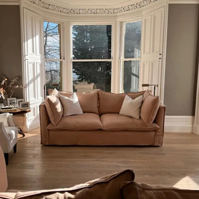 Coco 2.5 seater sofa with Self Piped Knife Edge cushion in Cotton Linen Rosedale - Hand Made in USA