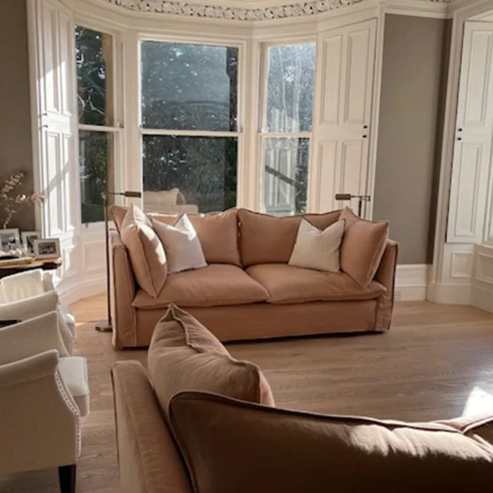 Coco 2.5 seater sofa with Self Piped Knife Edge cushion in Cotton Linen Rosedale - Hand Made in USA