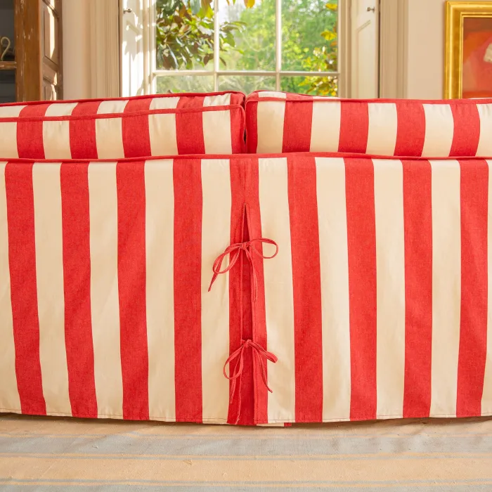 Coco 2.5 seater sofa with Self Piped Box Edge cushion in Stripes Petunia - Hand Made in USA