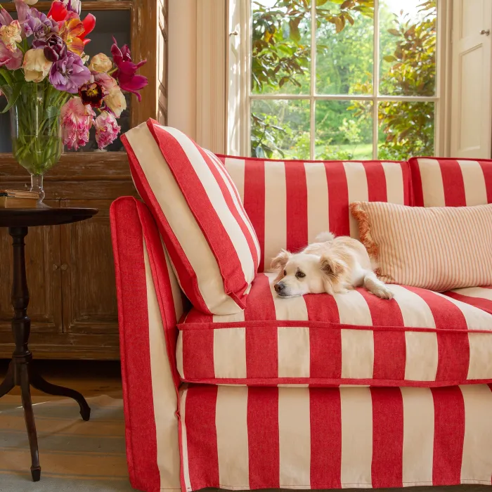 Coco 2.5 seater sofa with Self Piped Box Edge cushion in Stripes Petunia - Hand Made in USA
