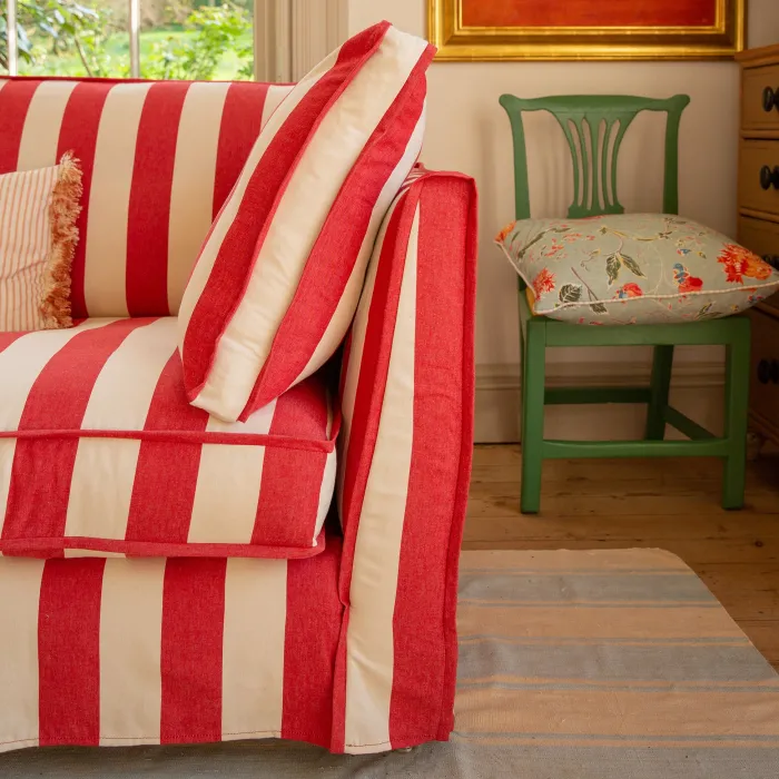 Coco 2.5 seater sofa with Self Piped Box Edge cushion in Stripes Petunia - Hand Made in USA