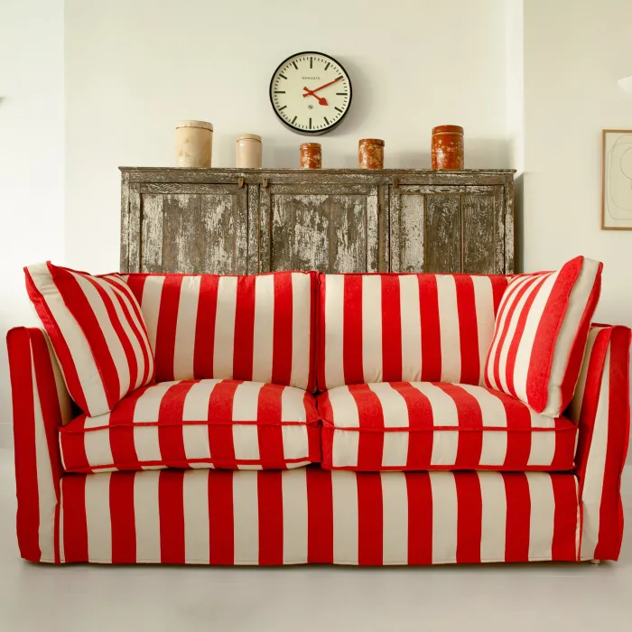 Coco 2.5 seater sofa with Self Piped Box Edge cushion in Stripes Petunia - Hand Made in USA