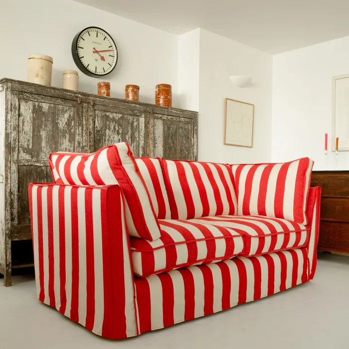 Coco 2.5 seater sofa with Self Piped Box Edge cushion in Stripes Petunia - Hand Made in USA