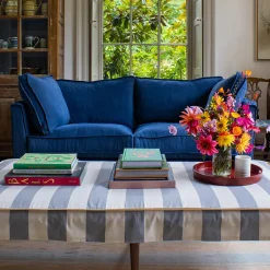 Coco 2.5 seater sofa with Self Piped Box Edge cushion in Designers Guild Brera Lino Indigo - Hand Made in USA