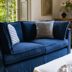 Coco 2.5 seater sofa with Self Piped Box Edge cushion in Designers Guild Brera Lino Indigo - Hand Made in USA