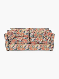 Cocobella 2.5 Seater Sofa in English Garden Coral Orange with Lagoon Velvet Trim - Hand Made in USA