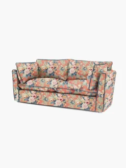Cocobella 2.5 Seater Sofa in English Garden Coral Orange with Lagoon Velvet Trim - Hand Made in USA
